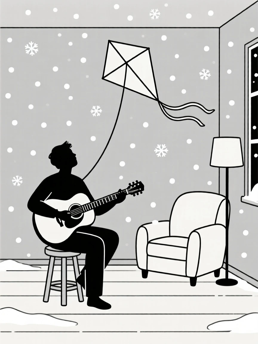 A street musician flying a kite in a cozy living room, surrounded by soft falling snow, conveying gentle happiness.