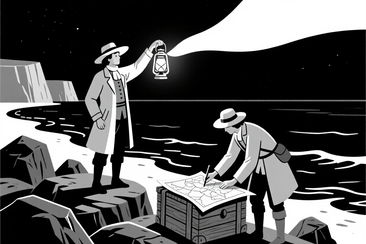 Early explorers charting a new coastline by lantern light.