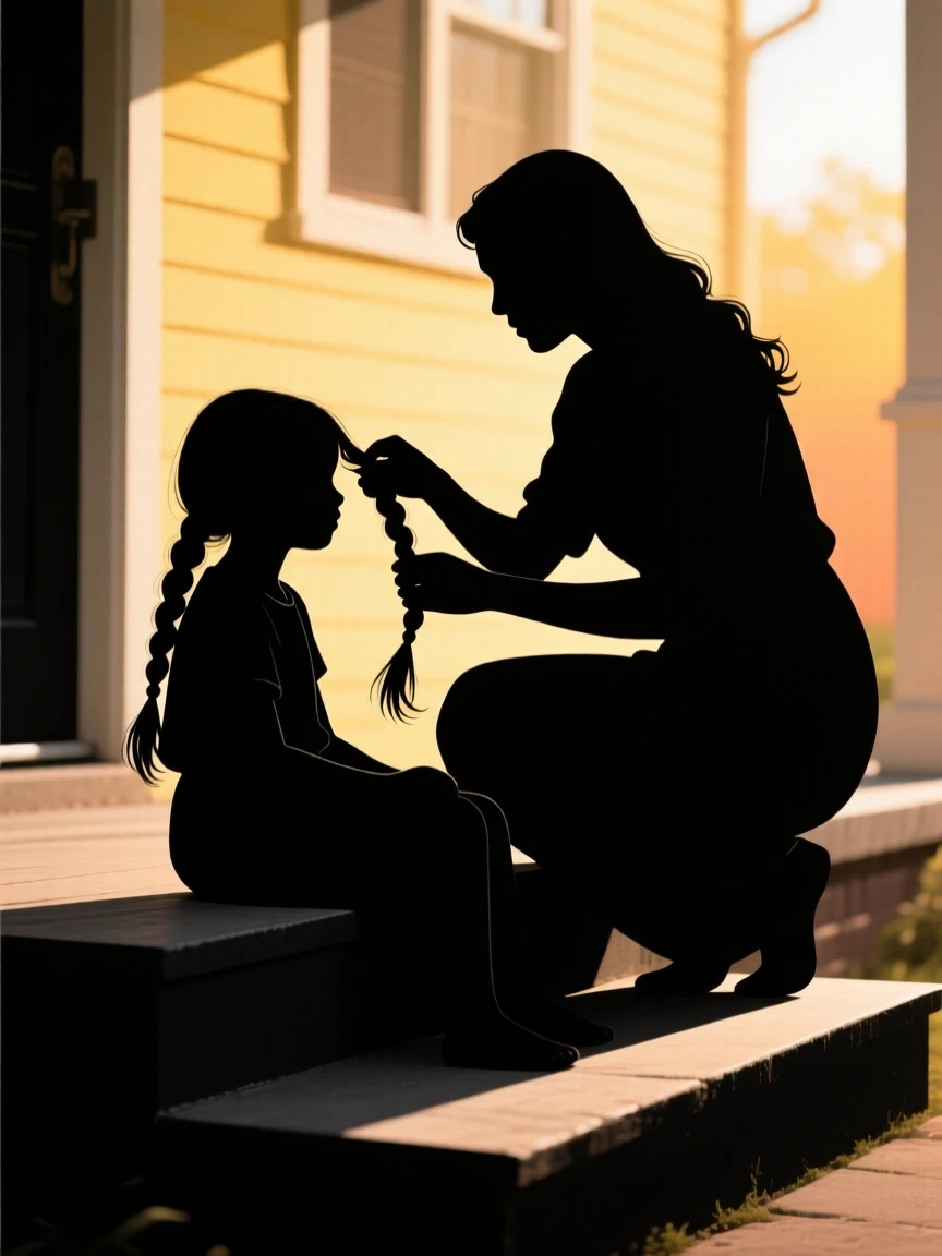 A mother braiding her daughter's hair on the front steps of their home in morning light.