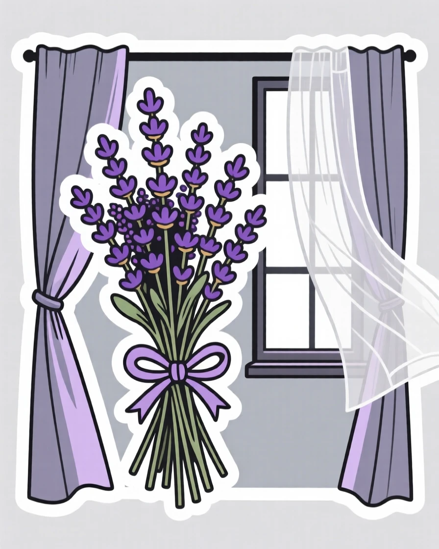 A sweetly detailed bundle of dried lavender, framed by curtains fluttering in the breeze, next to an open window with sheer curtains.