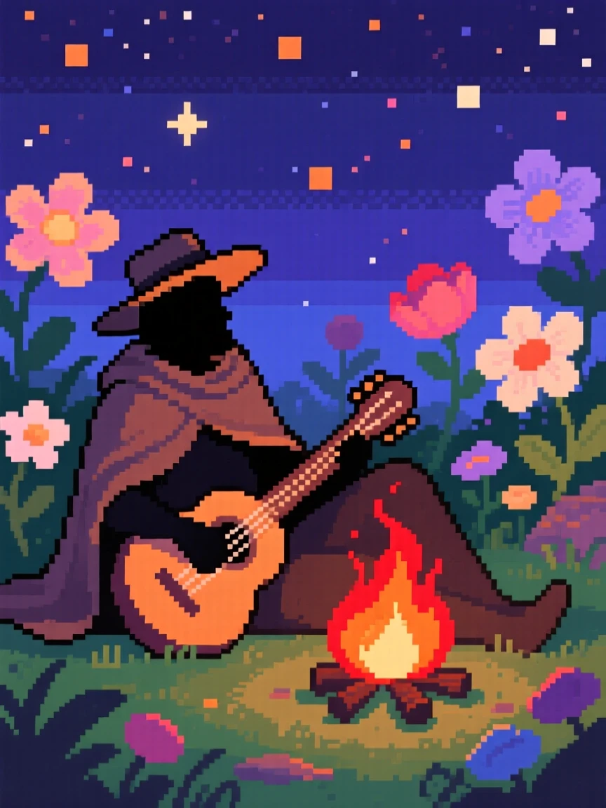 A traveling bard with a lute resting beside a campfire under the stars, within a garden of oversized enchanted flowers.