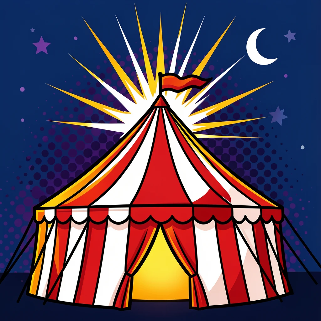 A circus tent lit warmly against a night sky
