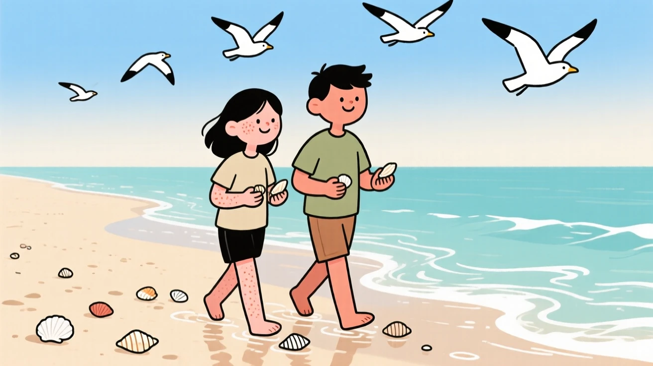 Waves roll gently onto a wide tropical beach where a young couple walk along the shoreline, collecting seashells as gulls glide overhead.