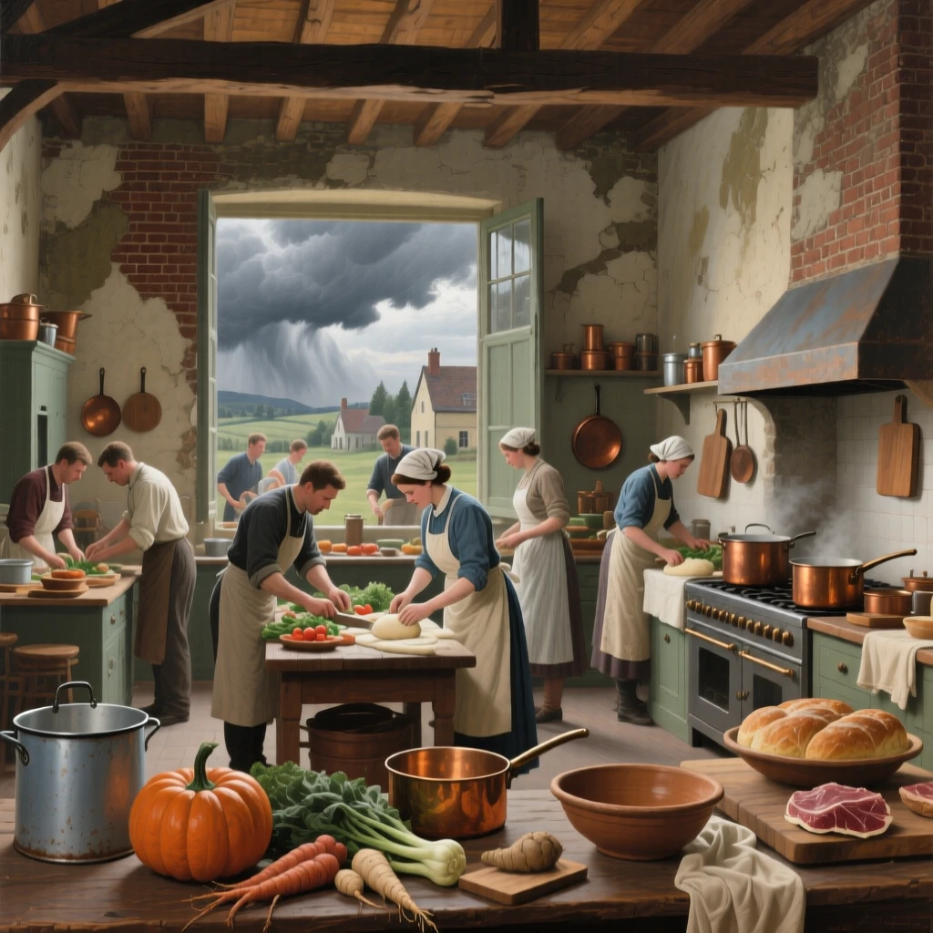 A well-framed scene of a busy kitchen where cooks prepare a feast for a village celebration, beneath heavy grey storm clouds, in the 1920s.