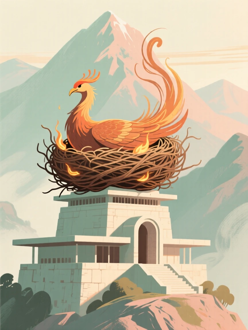 A phoenix nest cradled atop an ancient mountain temple