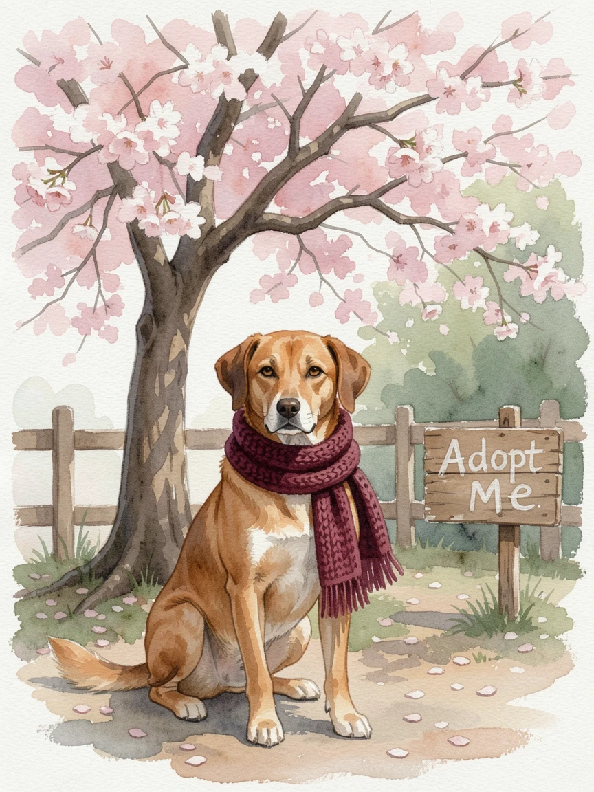 A rescue dog getting adopted at a shelter under a blooming cherry tree wearing a cozy knitted scarf.