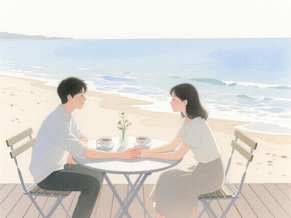 A tender moment of a quiet café table for two, while the tide rolls gently onto the shore, capturing quiet affection between two people