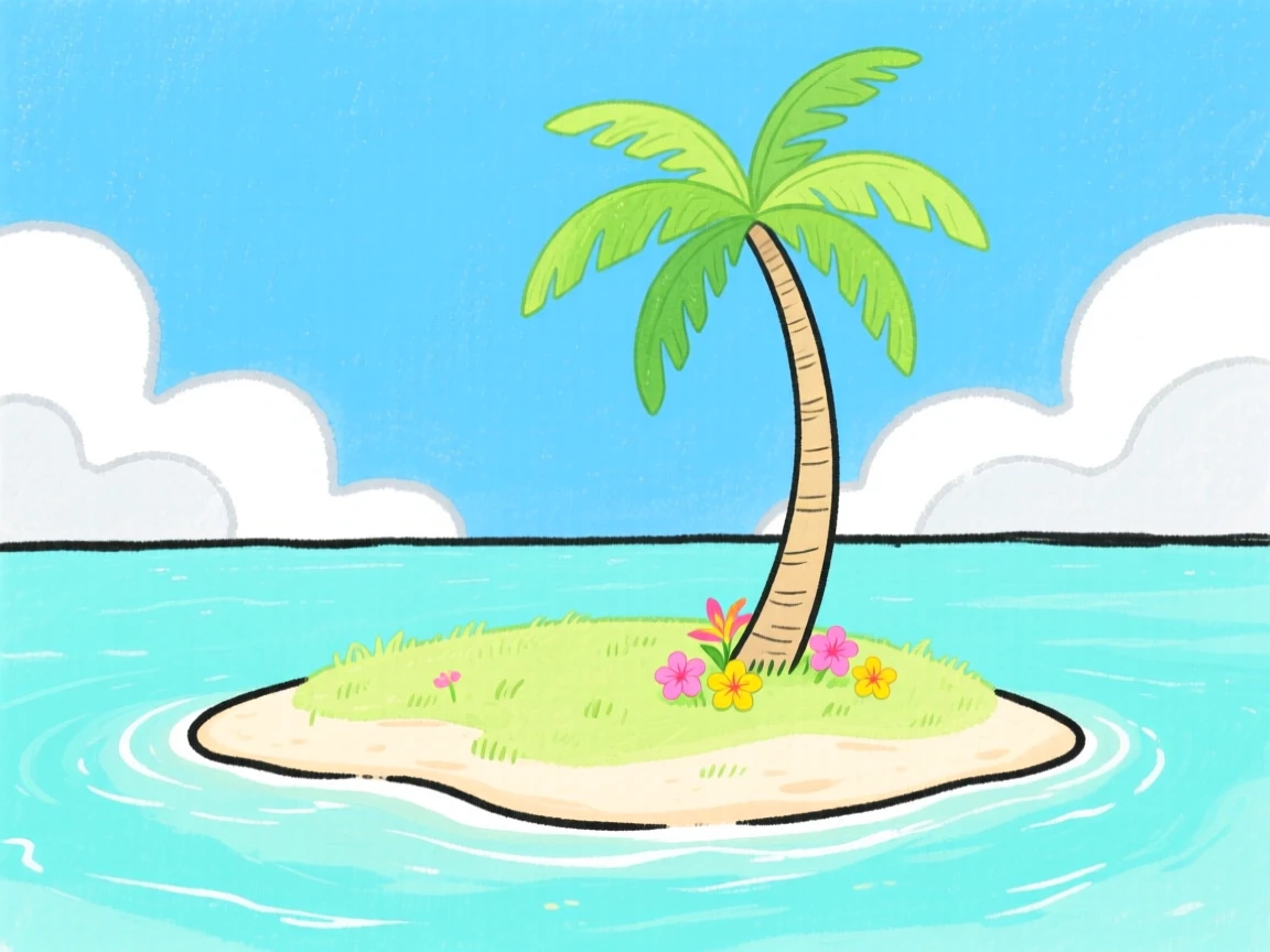 A panoramic scene of a tropical island with a single palm tree in early spring.