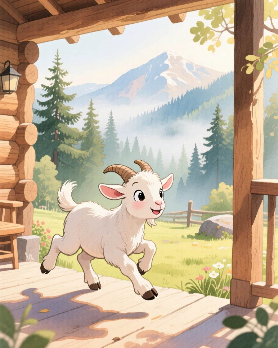 A baby goat chasing its own tail in a sunny backyard, set in a mountain cabin porch overlooking misty pines, filled with wide-eyed wonder.