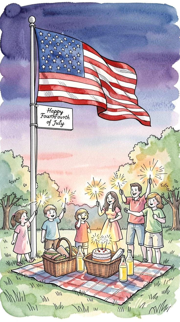 A Fourth of July picnic with sparklers lit at dusk and an American flag waving nearby