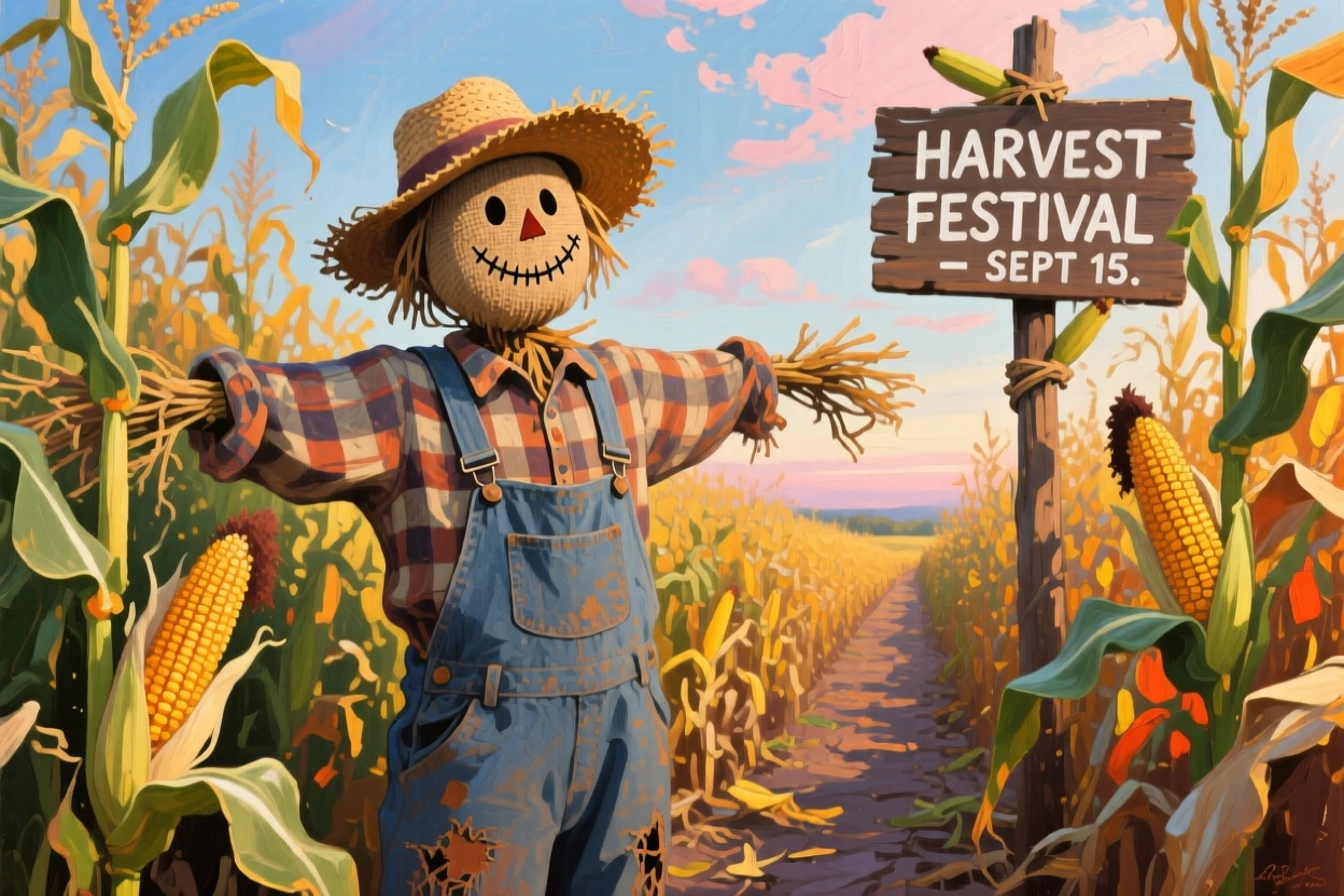 a scarecrow among tall corn, during harvest season, composed along a natural leading line.