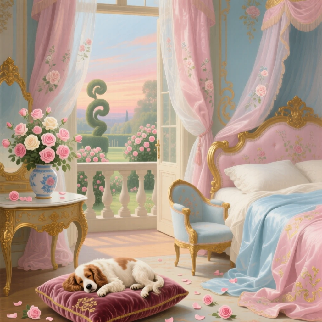 An opulent bedroom with an open balcony, fresh roses, and a sleeping spaniel  