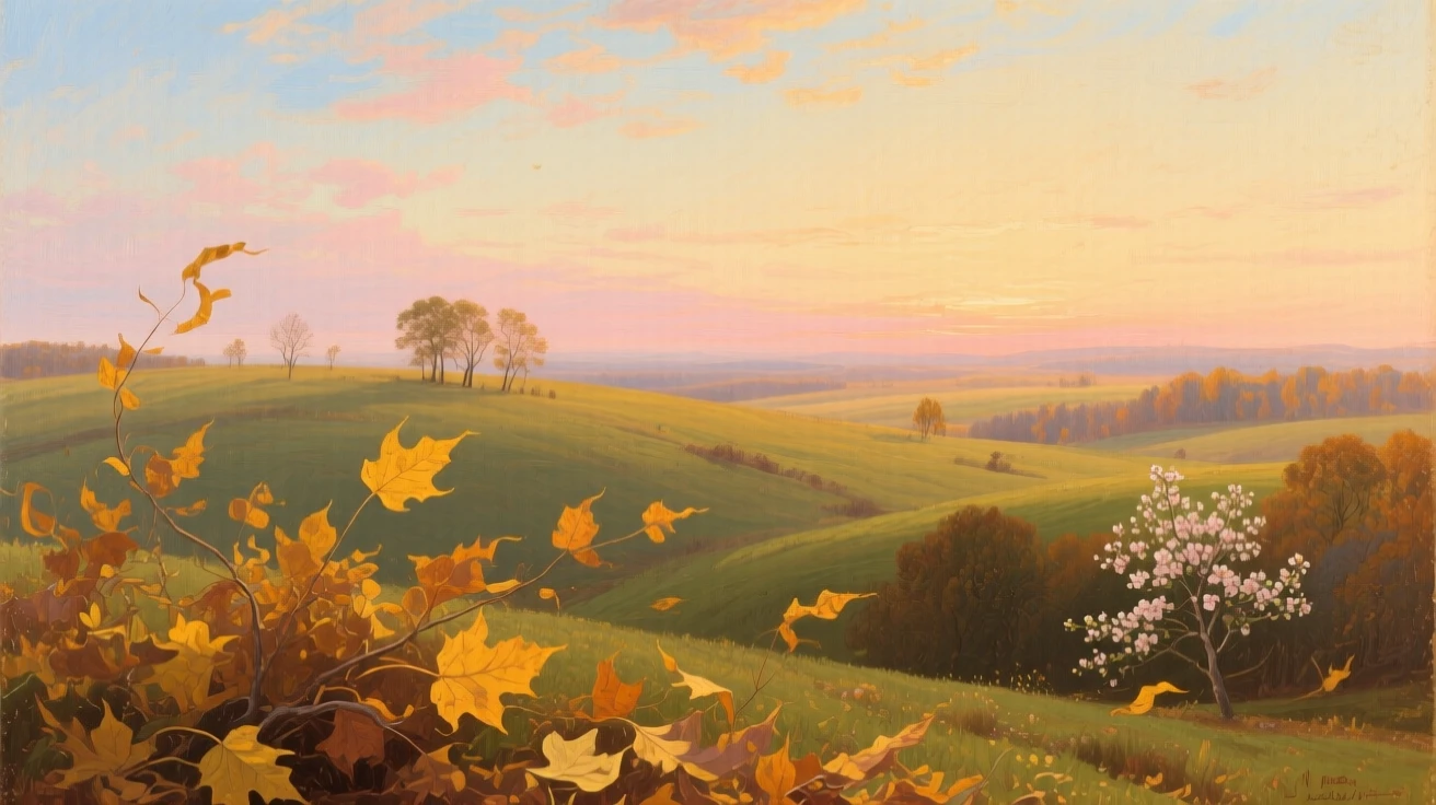 Golden autumn leaves rise above a distant field at dusk beneath a warm spring sky.
