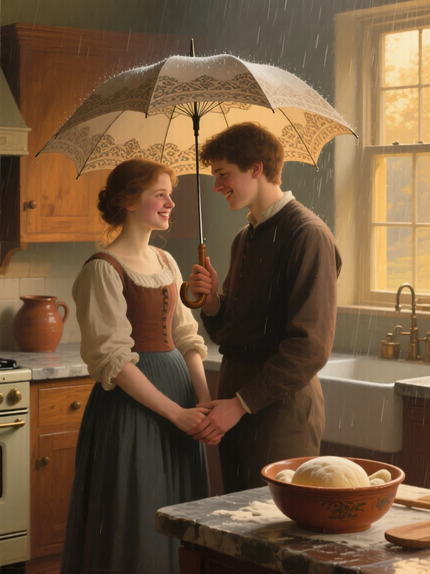 A young couple sharing an umbrella while waiting out a rainstorm at the exact instant a memory is quietly being made, set within a warmly lit kitchen filled with the smell of baking, with soft golden light catching genuine, unguarded smiles; the arrangement of figures suggests closeness without crowding, suggesting the enduring bonds between generations.