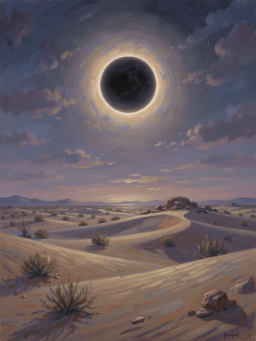 A total solar eclipse casting an eerie twilight over a silent desert landscape.
