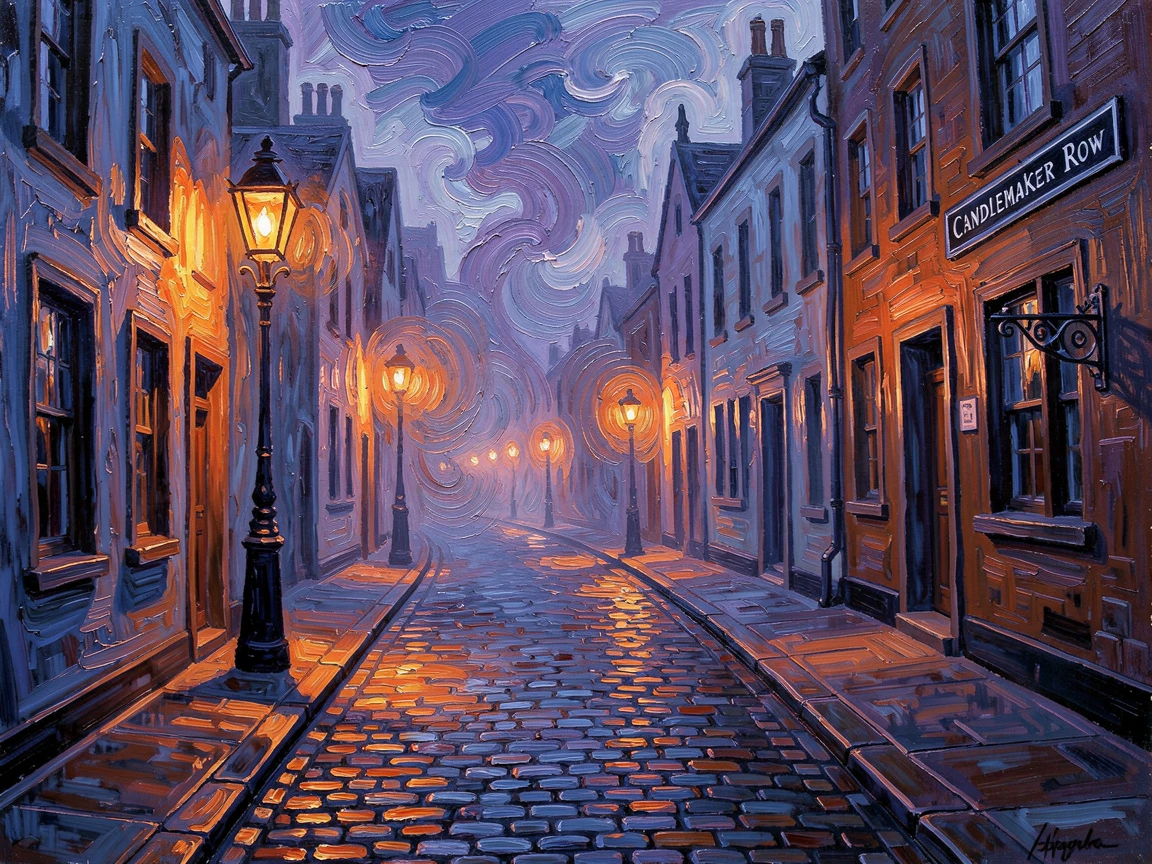 A quiet cobblestone lane in Edinburgh under gaslight during an evening fog.