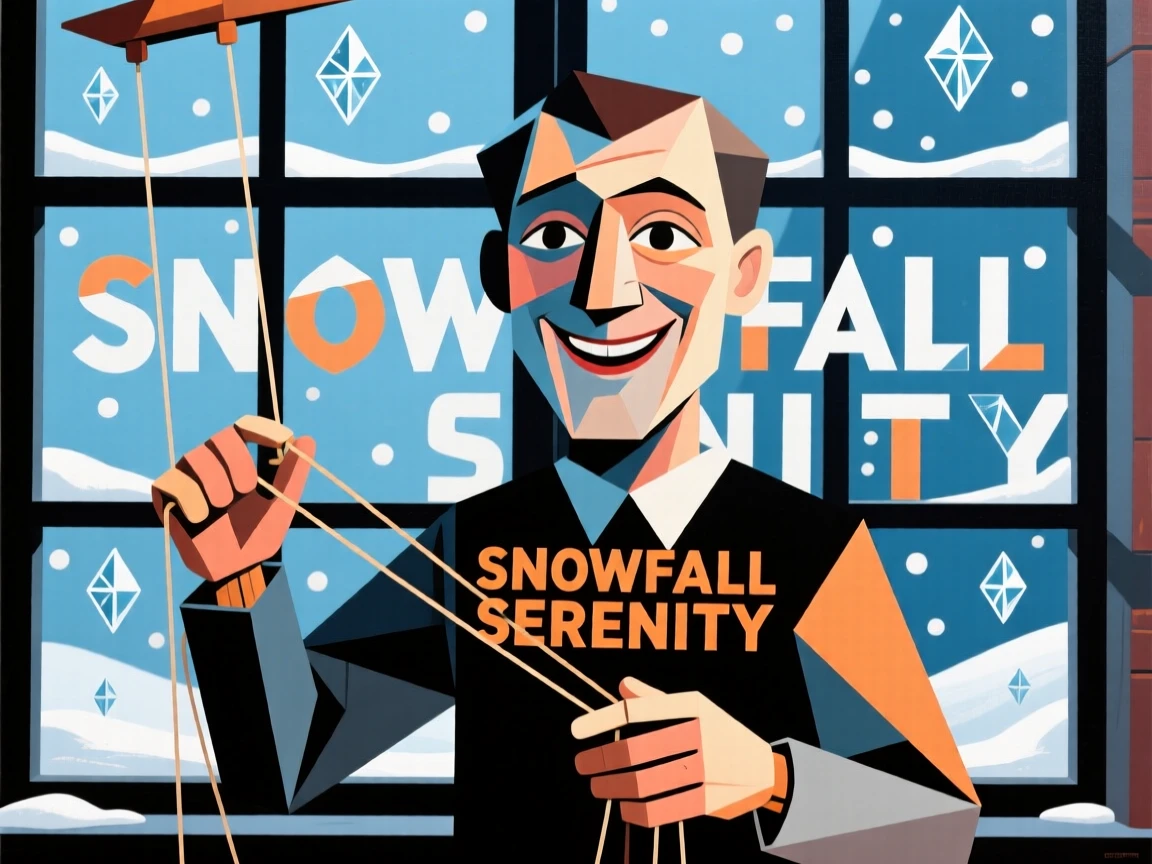 A candid medium shot of a puppeteer smiling gently while snow falls softly outside the window.