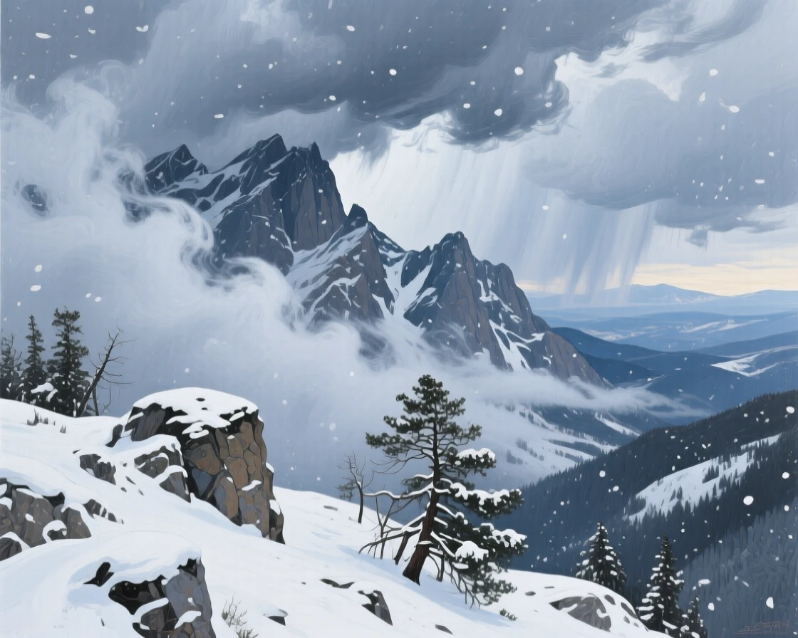 A dramatic winter storm rolls over the Rocky Mountains, snow squalls visible sweeping across distant peaks beneath a heavy gray sky, distant weather visible on the horizon hinting at conditions that will arrive within the hour.