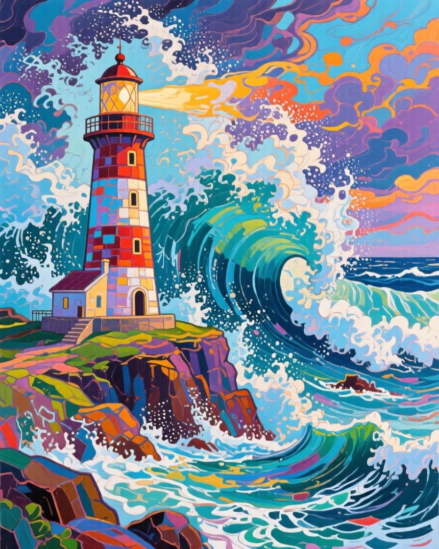 A lighthouse standing firm against massive crashing waves during a powerful coastal storm