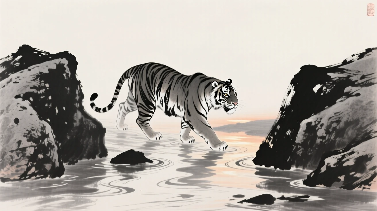 A tiger crosses a shallow stream between two boulders, as the last light of evening falls across the rocks.