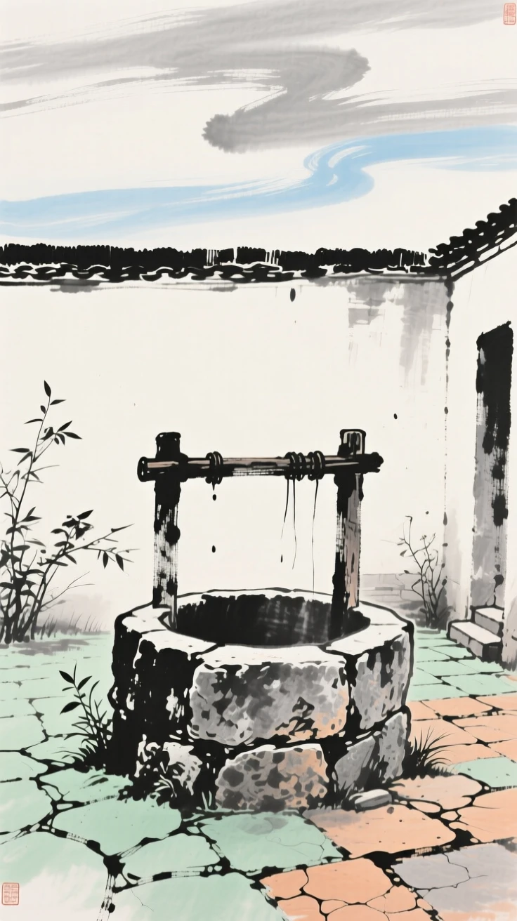An old stone well standing quietly in an abandoned courtyard, under a sky streaked with clouds, suffused with quiet joy.