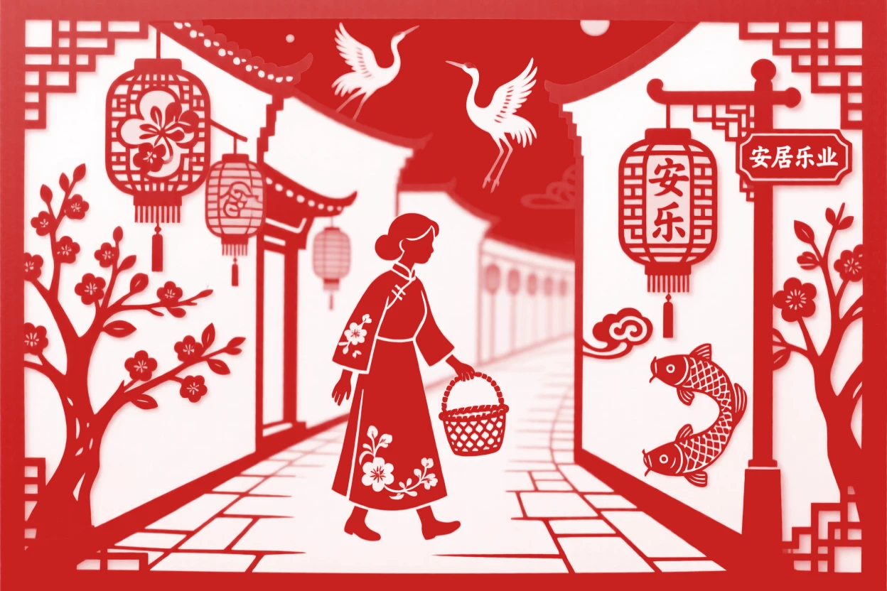 A young mother, walking home along a lantern-lit street, in filled with the comfort of familiar routine.