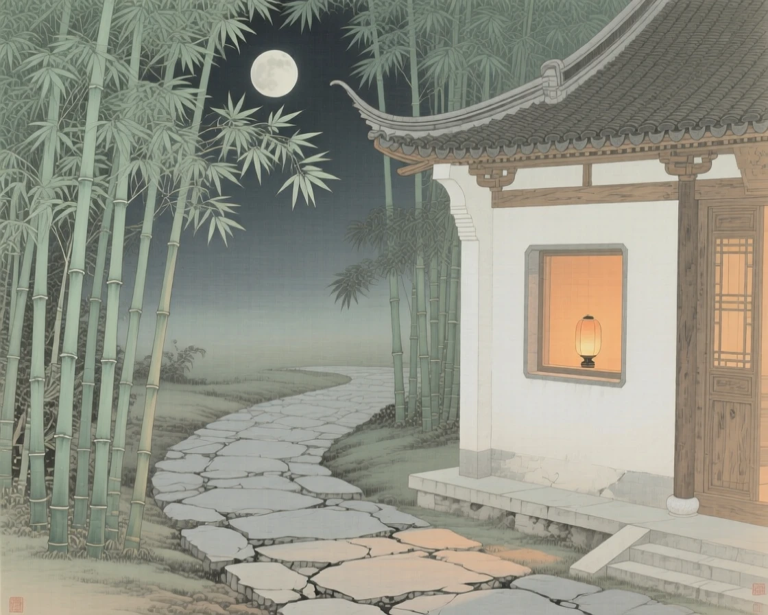 Moonlight filtering through bamboo leaves onto a stone path, beside a quiet temple with a single lit window