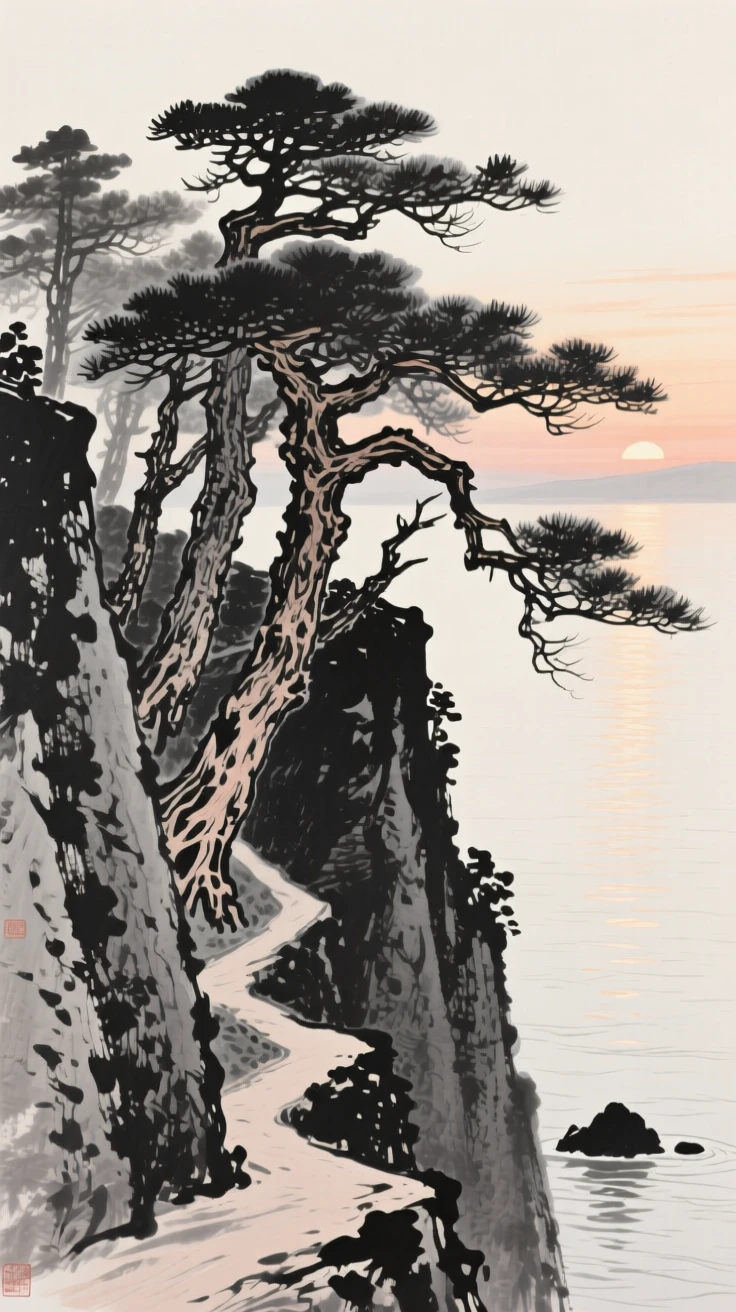 A cluster of weathered pines clinging to a steep cliff face with the last light of dusk catching the water's surface, captured from a narrow path winding into the depth of the scene, carrying a feeling of timeless peace and stillness.