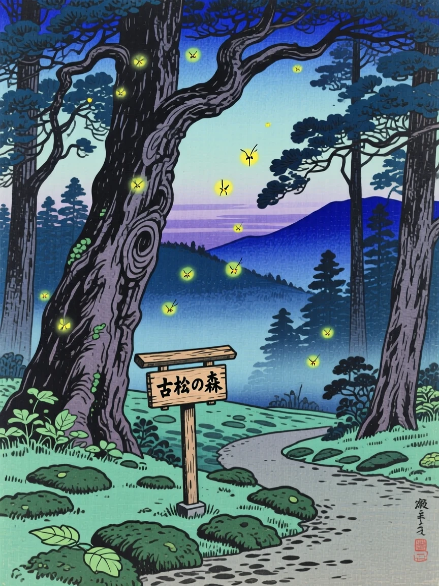 An ancient cedar forest, glowing softly with fireflies at dusk.