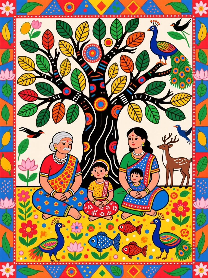 Three generations of a family sitting together beneath a banyan tree.