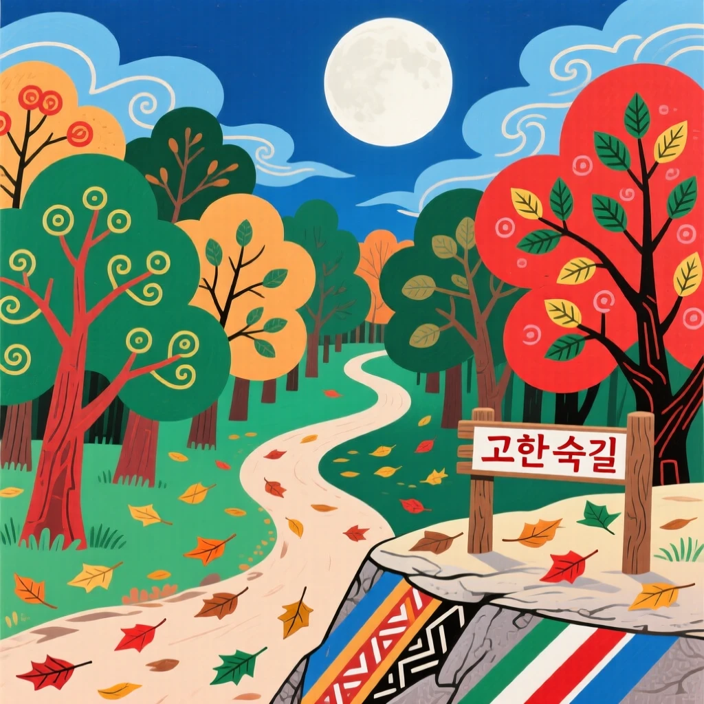 A forest path covered in fallen leaves seen from a quiet overlook, beneath a full moon.