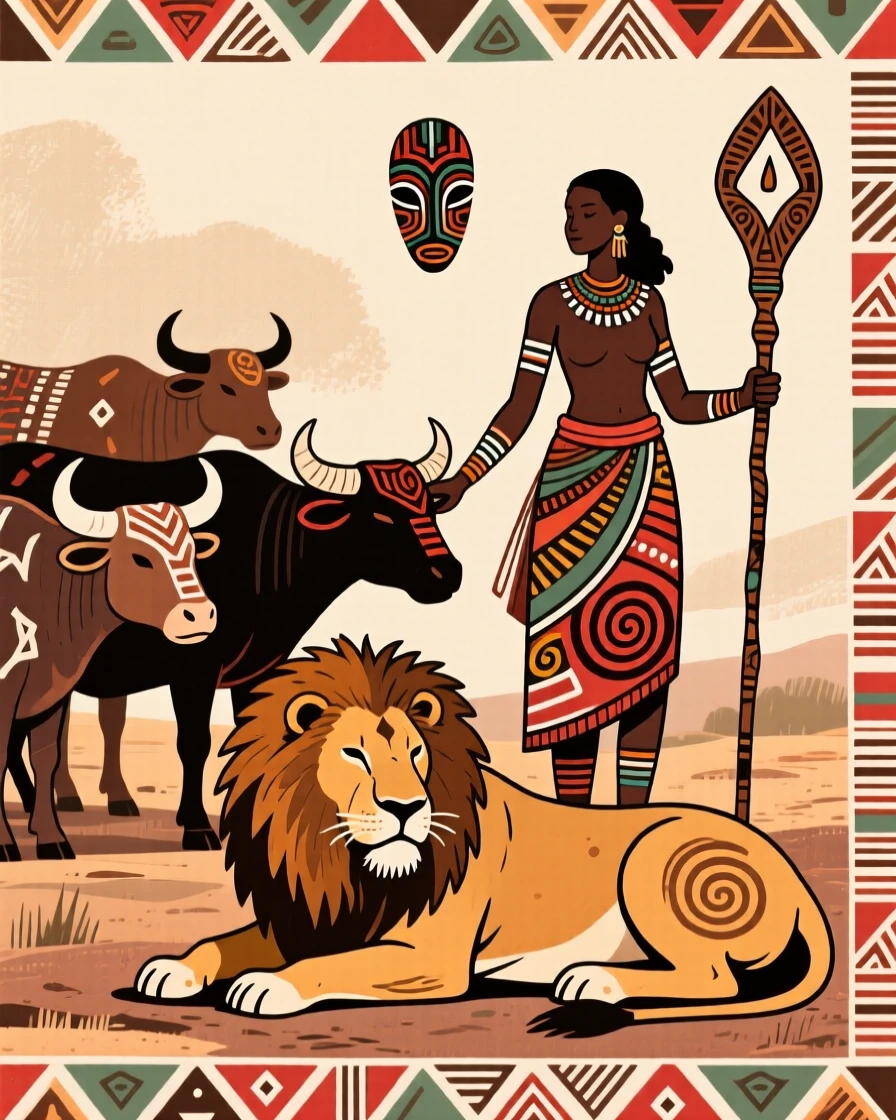 A herder calmly guiding cattle past a resting pride of lions.