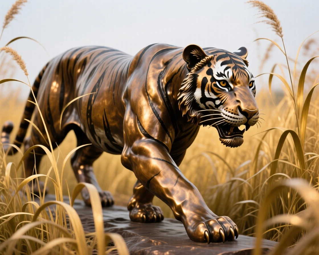 A tiger prowling through tall golden grass, rendered with rich, dynamic energy, evoking wonder and majesty