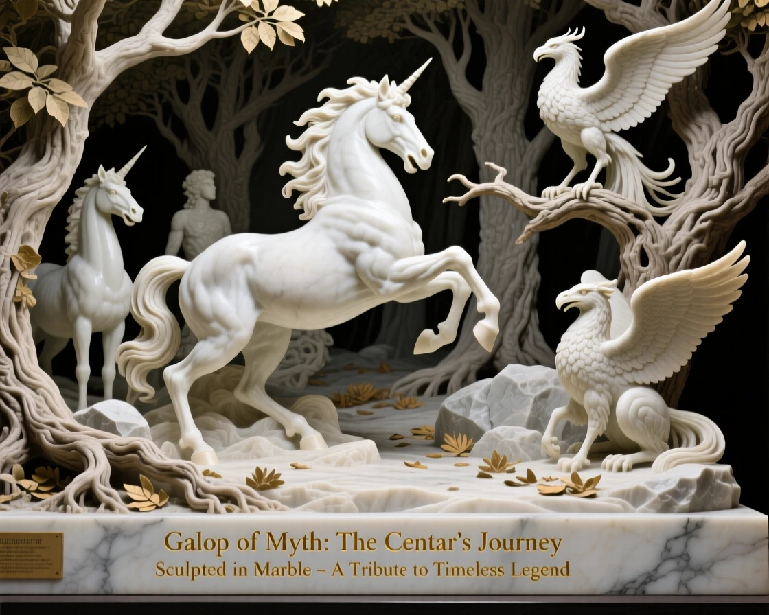 An epic scene of a centaur galloping through an ancient forest, with mythical creatures gathered nearby, evoking myth and grandeur