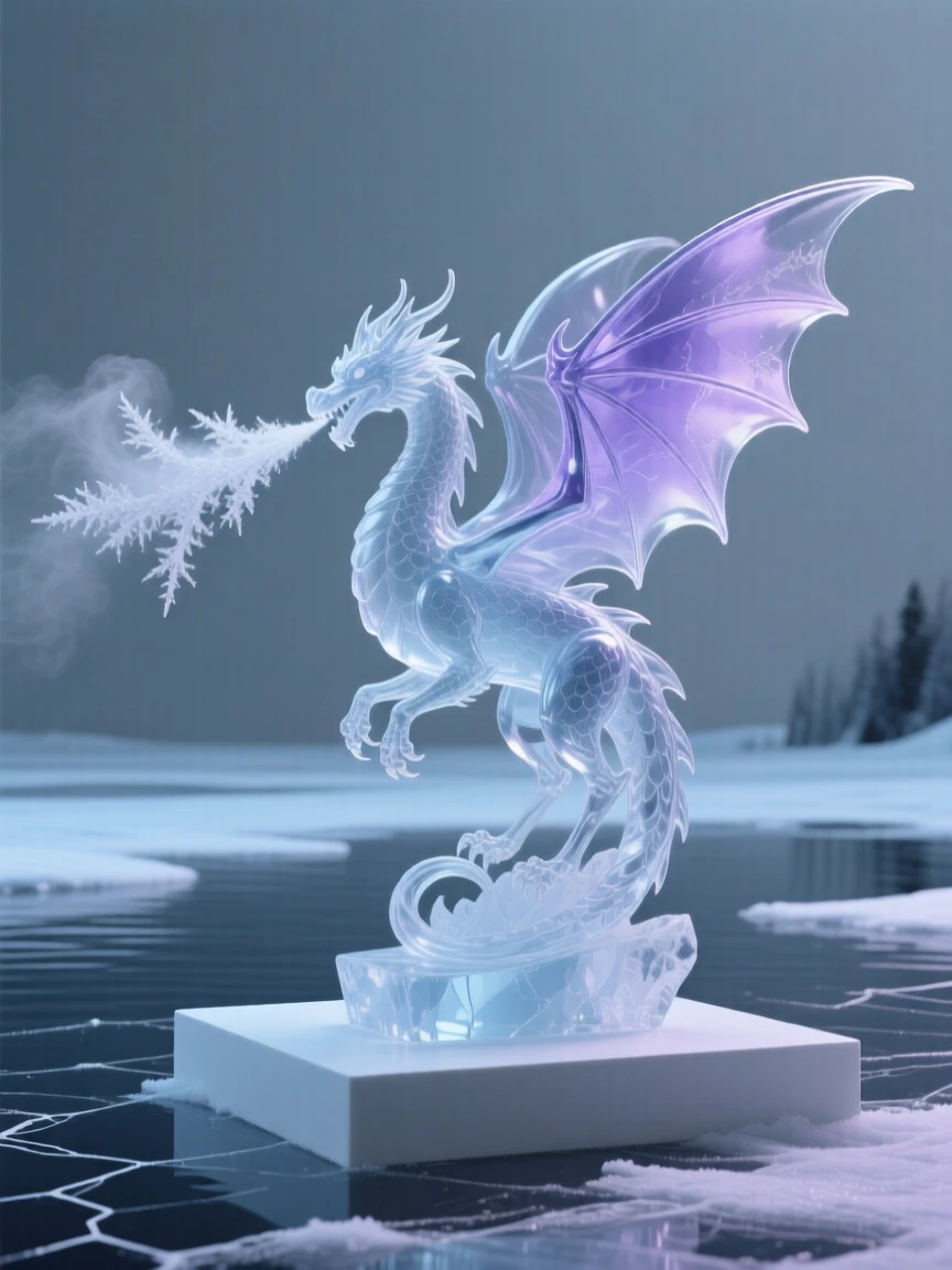 An ice dragon breathing frost over a frozen lake under a twilight sky filled with two moons, atmospheric fog rolling through the scene, feeling mysterious and enchanting.