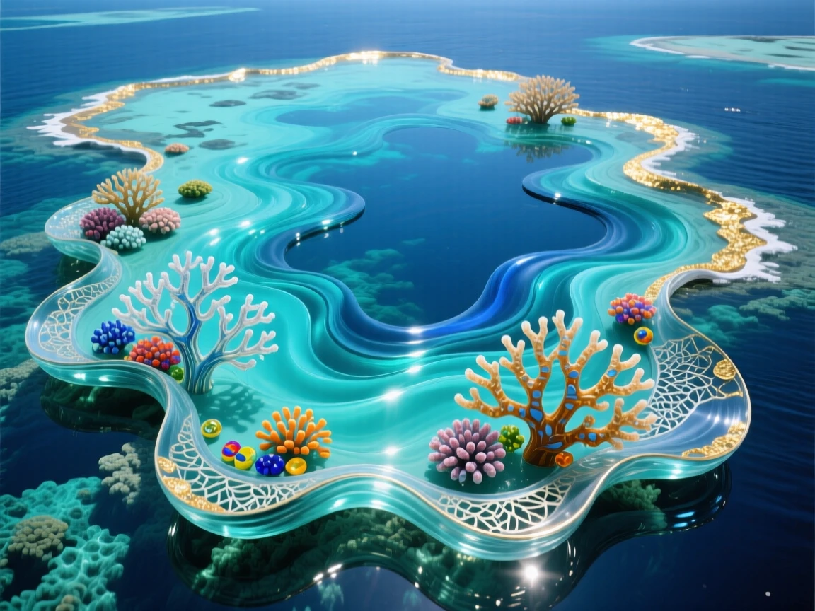 A vast coral atoll seen from above, turquoise water fading to deep blue, breathtaking and vast.