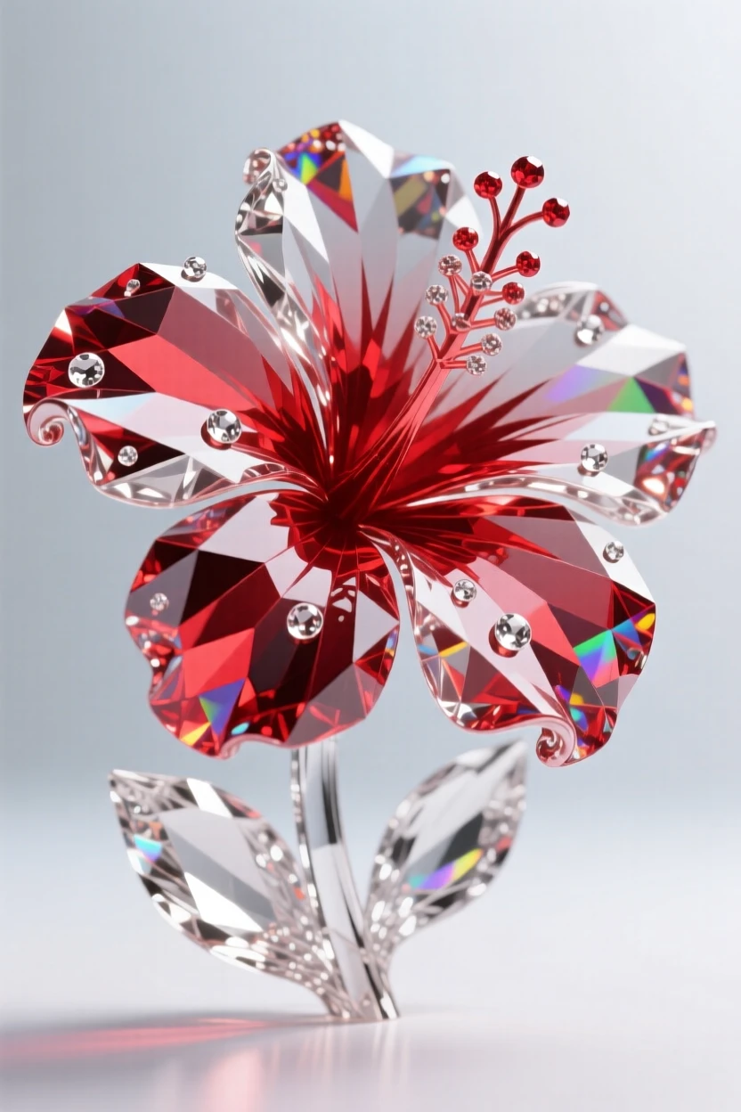 A single hibiscus flower in vivid red, dew glistening on curled petals.