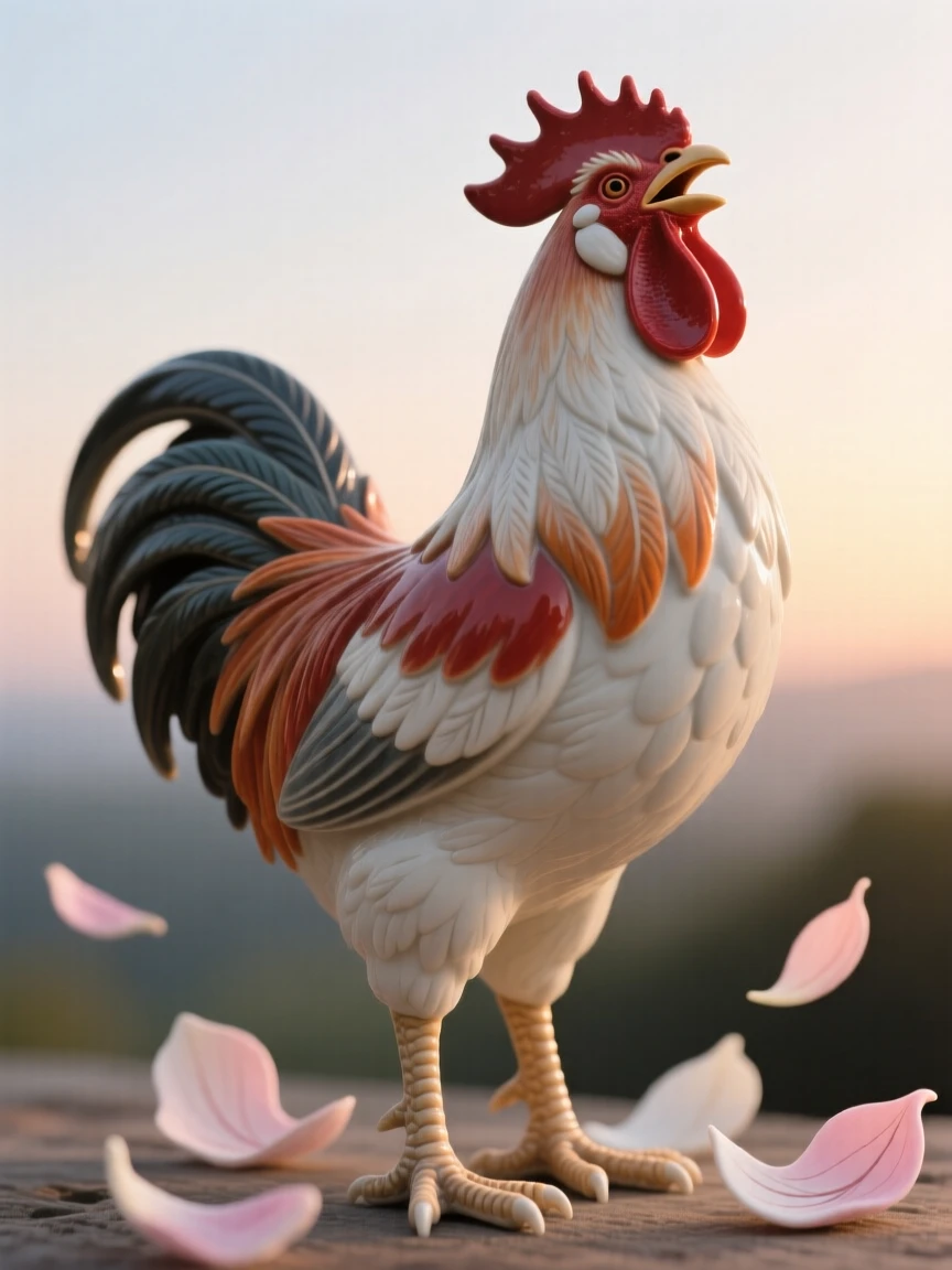 A rooster crowing at first light standing proudly with plumage on full display, surrounded by a scatter of drifting petals, radiating delicate, fleeting beauty.