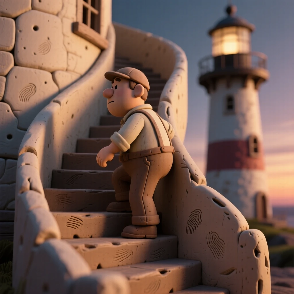 A lighthouse keeper climbing spiral stairs at dusk