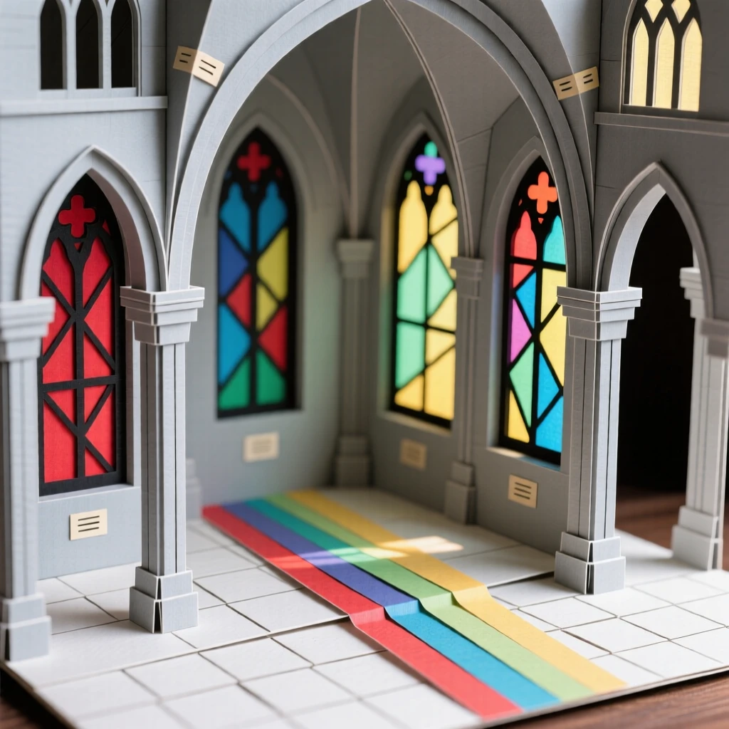 A grand cathedral interior with soaring gothic arches and stained glass windows casting colorful light across stone floors, evoking reverence and architectural grandeur.