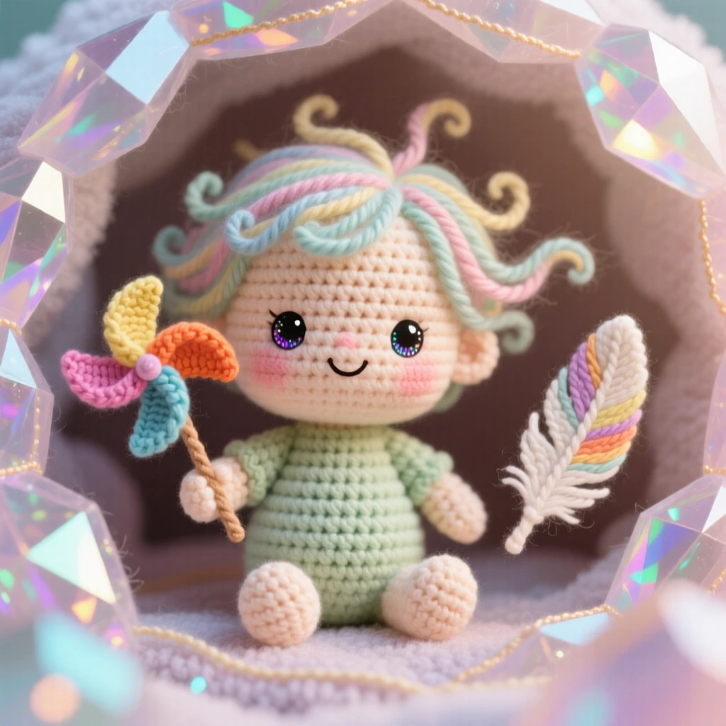 A charming portrait of a small baby wind spirit, with hair that drifts like a soft breeze, spinning a small pinwheel with delight beside a single floating feather catching the light in a crystal cave sparkling with soft light, conveying a warm, protective tenderness.