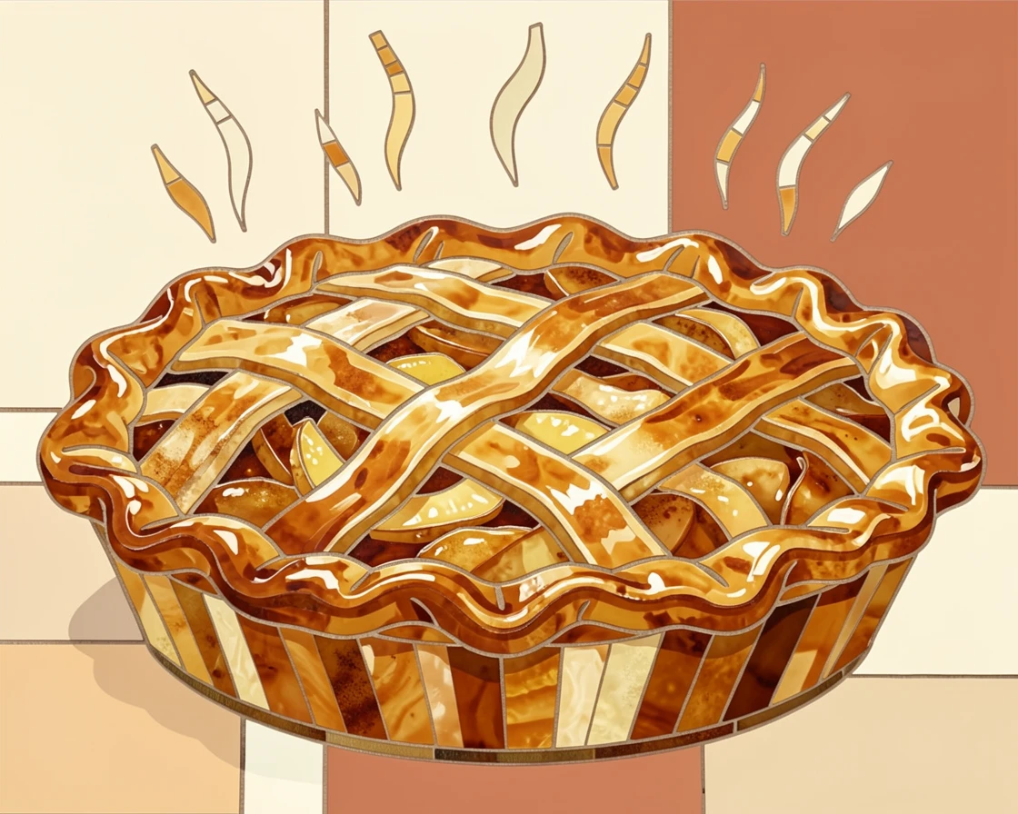 A close-up gourmet food photograph of a warm apple pie fresh from the oven with a golden lattice crust, with rich color and inviting texture.