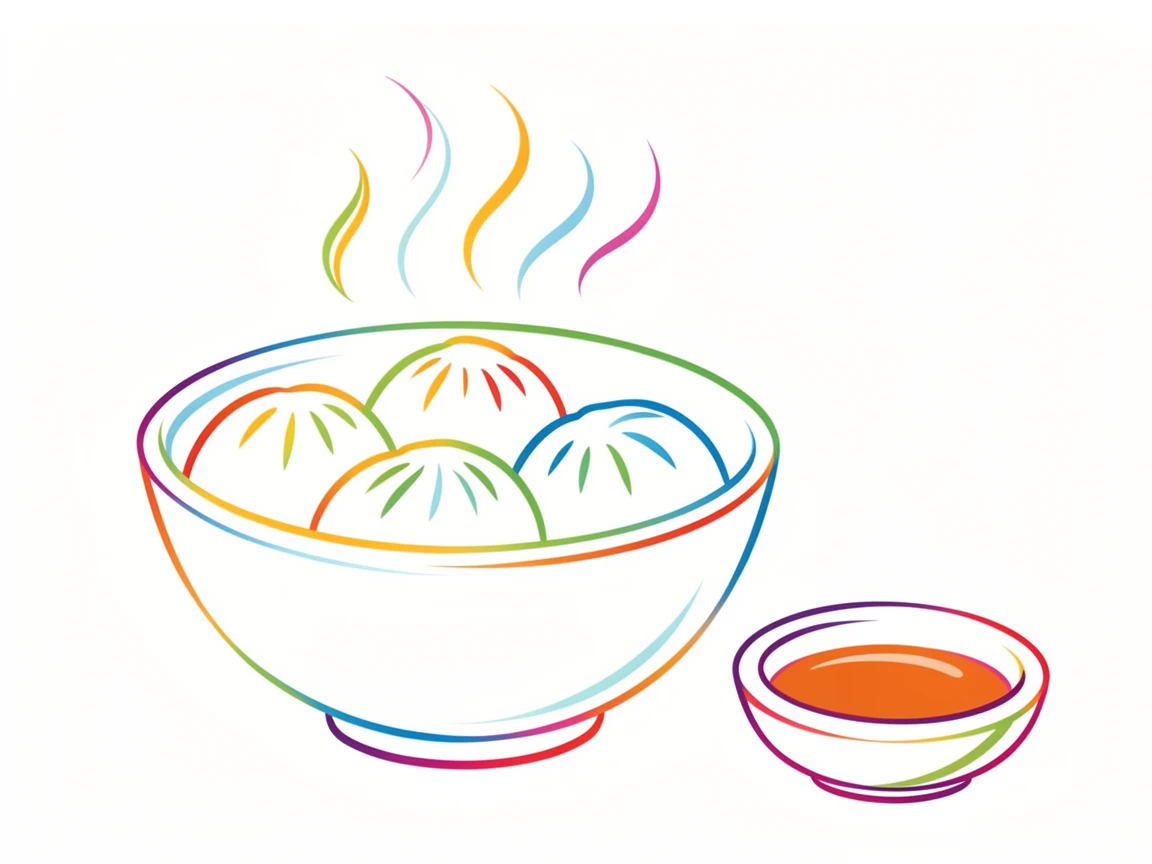 A bowl of steaming dumplings with a small dish of soy dipping sauce.