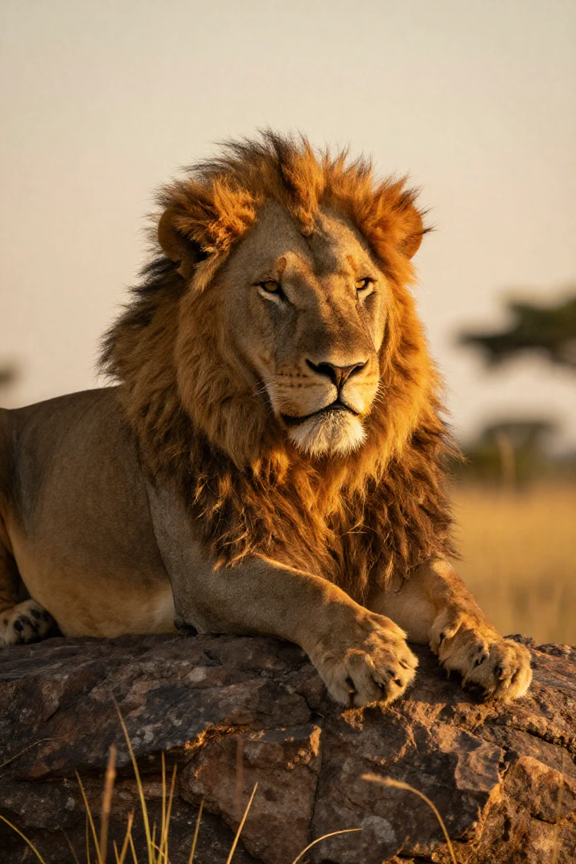 A majestic lion resting on a rock at golden hour