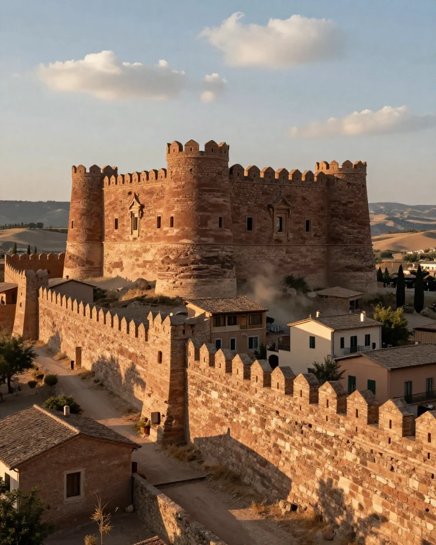A desert fortress carved from sandstone standing quietly within the walls of an old Italian hill town
