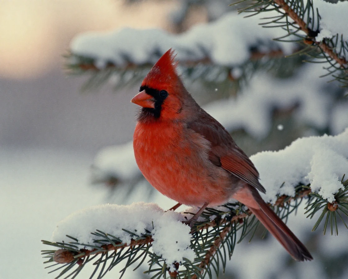 A red cardinal perched on a snow-laden pine branch, under soft golden-hour light, amid gently falling snow, in the depths of winter, in soft muted pastels, in a tight close-up.