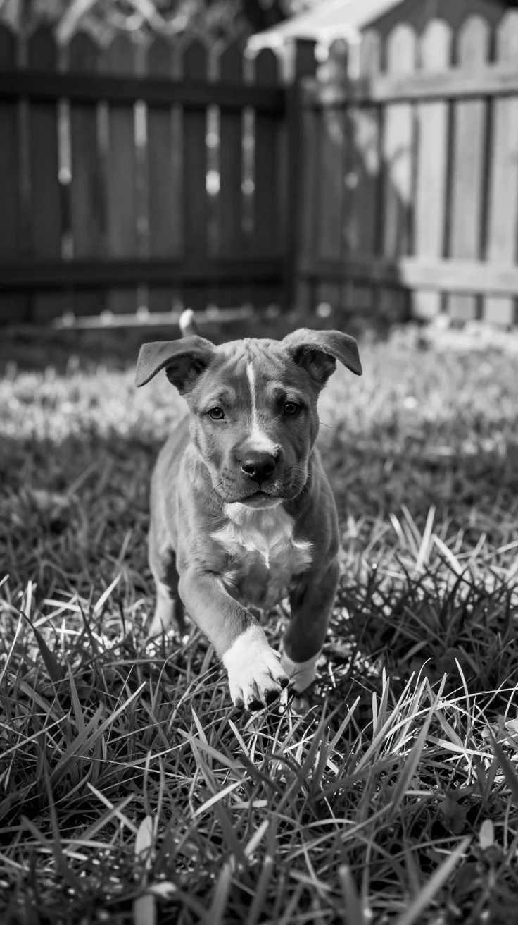 A puppy tumbles over its own paws in the grass in a fenced garden.