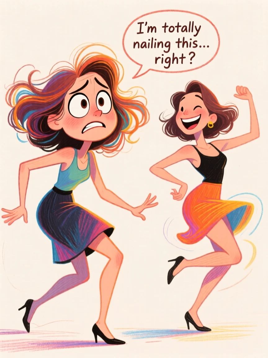 A woman attempting to copy her friend's dance moves but hilariously off-beat.