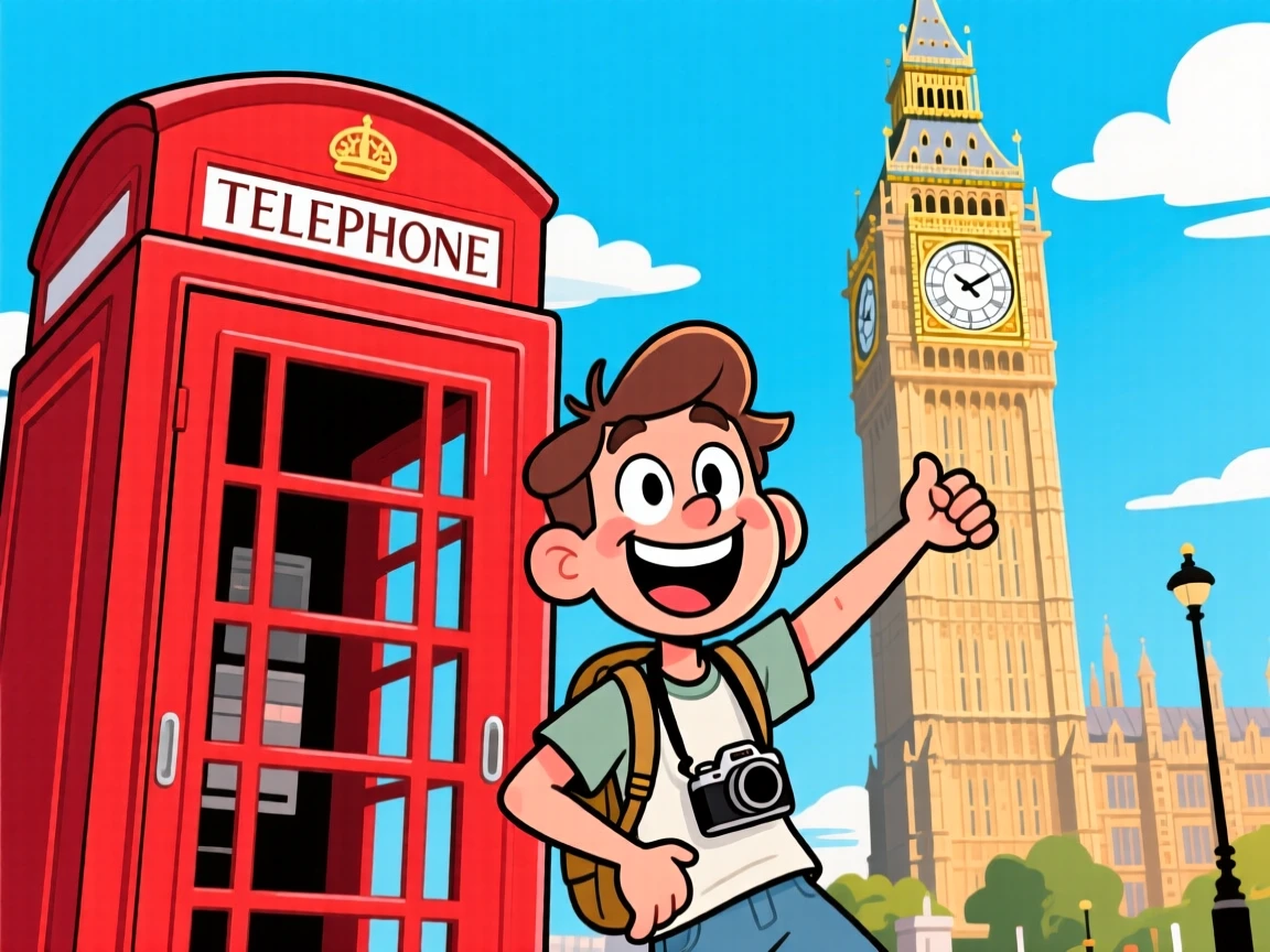 An iconic travel scene featuring a happy visitor posing beside a red telephone box in London with Big Ben looming behind.