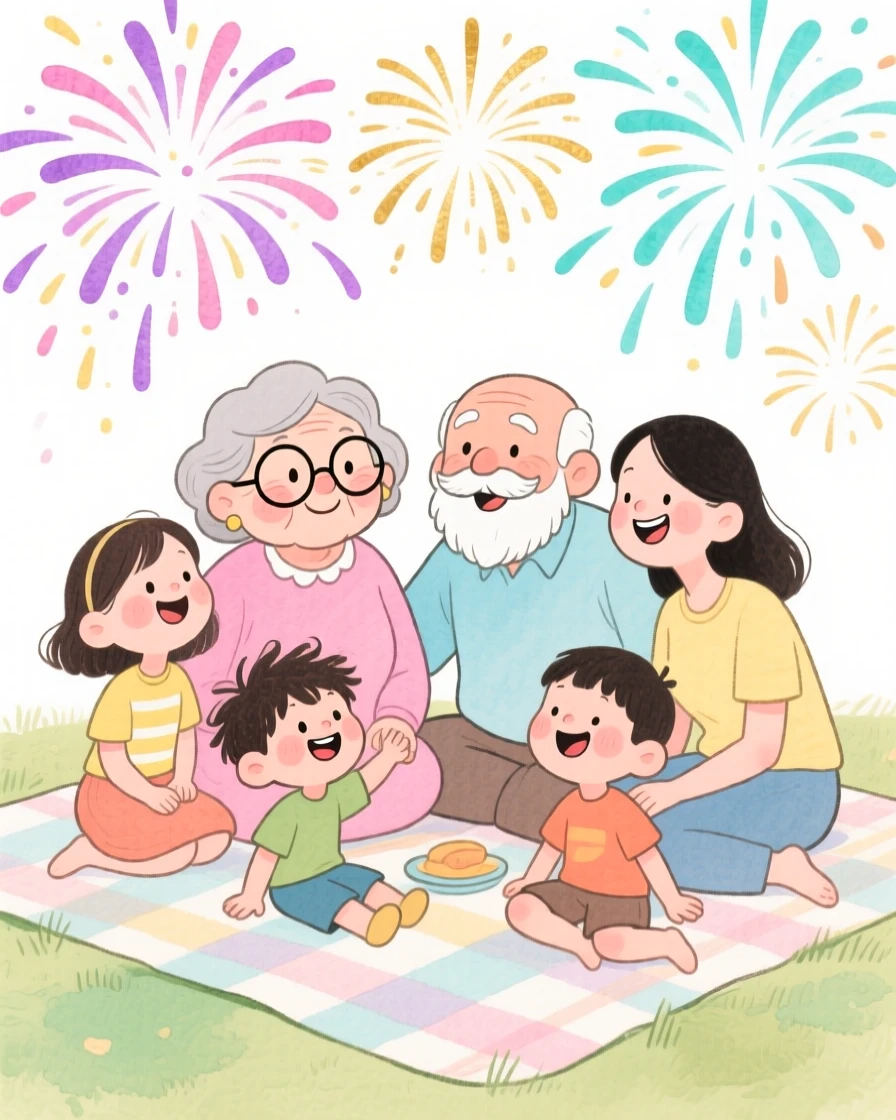 A big multigenerational family watching fireworks together on a picnic blanket